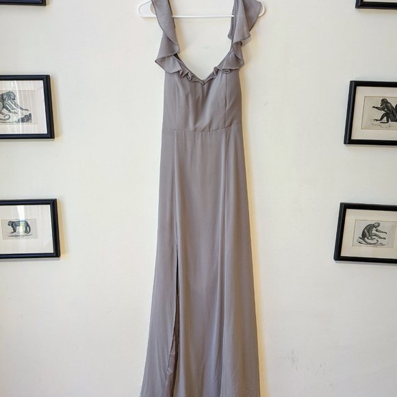 BHLDN Diana Flutter Sleeve Tie Back Maxi Bridesmaid Dress Gray Lilac Large - Picture 2 of 7